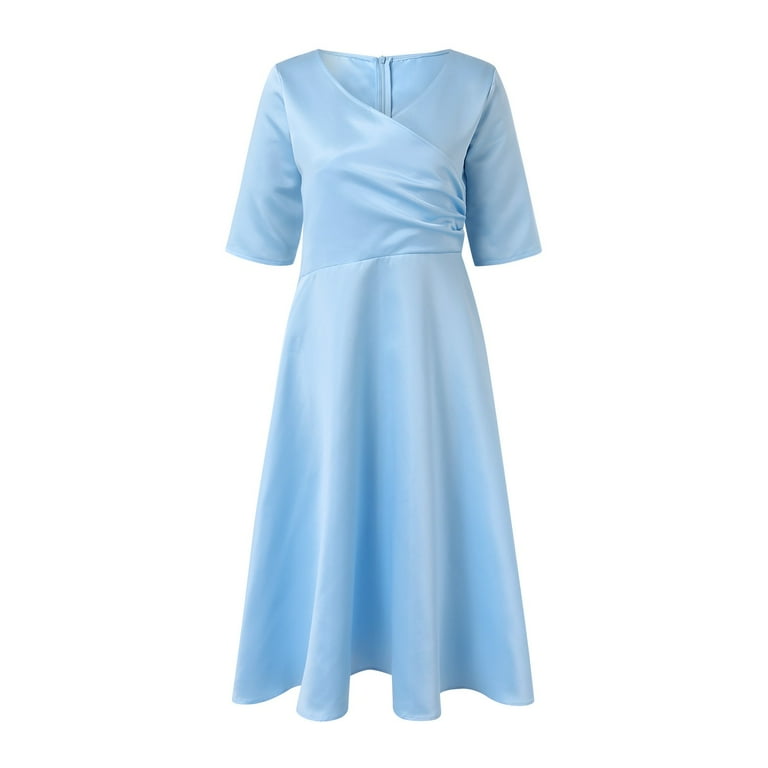 WTXUE Dresses for Women 2024, A-Line Wedding Guest Retro Elegant V-Neck Tea  Length Satin Half Sleeve with Pleats, Blue Dress Women, Light Blue M -  Walmart.com