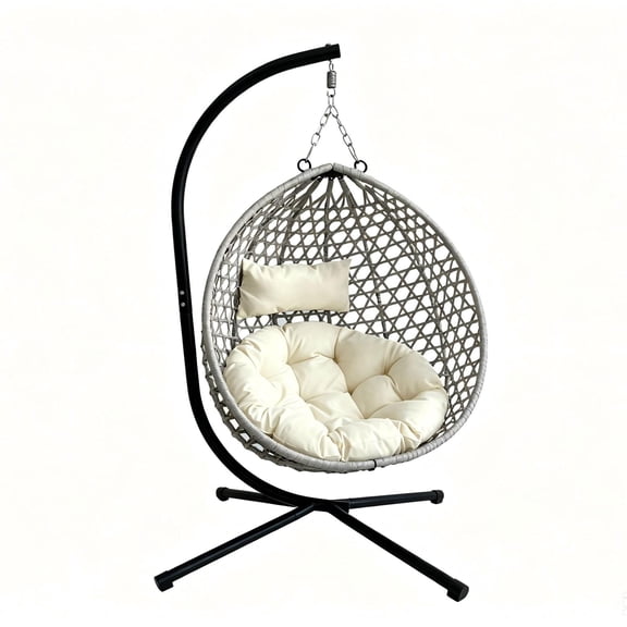 Indoor Outdoor Rattan Folding Egg Hanging Chair, Weatherproof Swing Hammock With Stand Cushion Headrest for Garden Balcony Bedroom