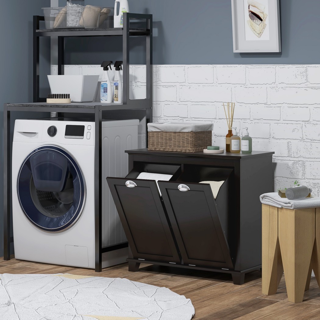 Tilt-Out Laundry Cabinet with 2 Hampers, Freestanding Laundry Sorter, Bathroom Storage Cabinet with Double Compartments, Black
