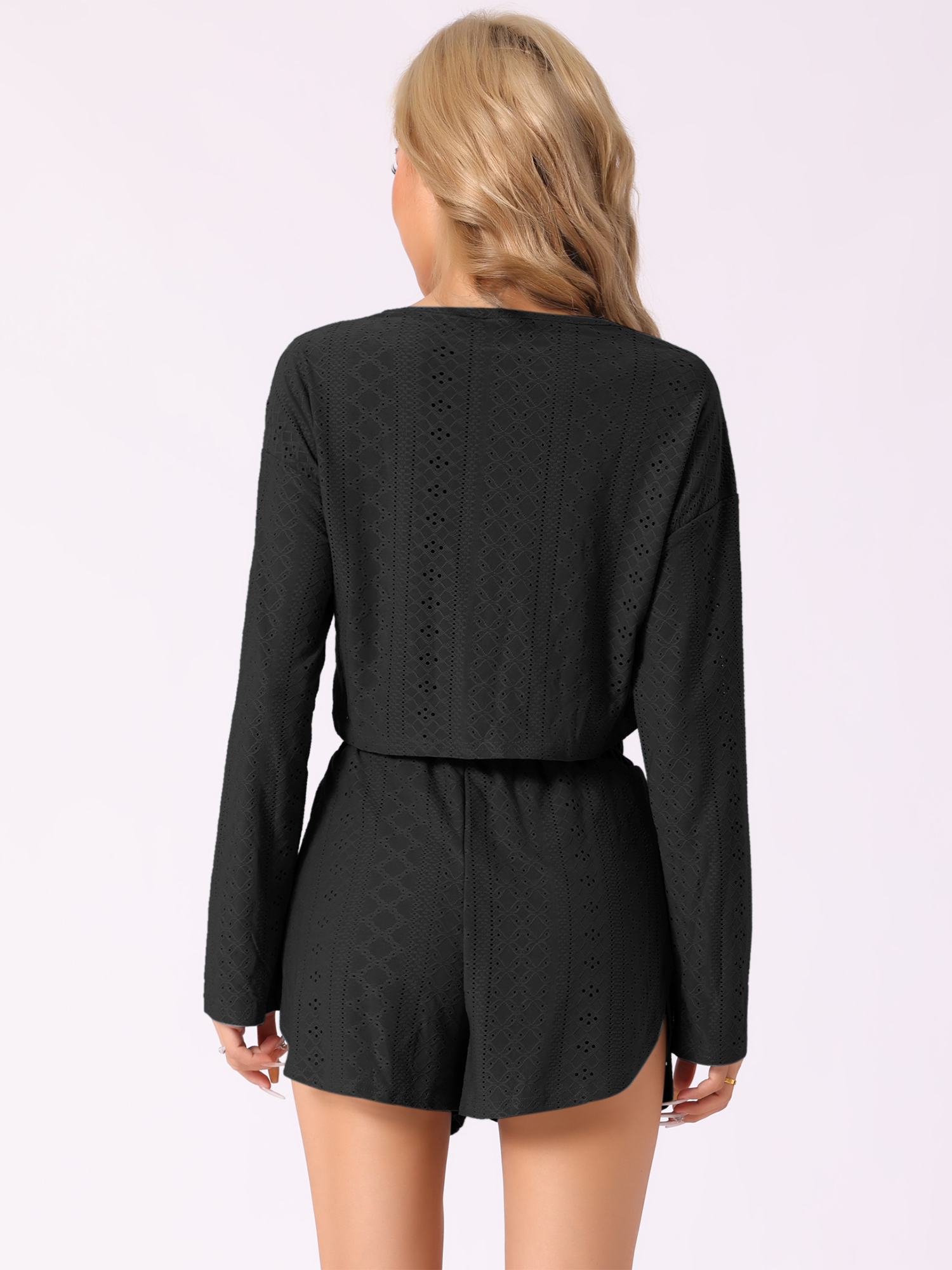 DARING DIVA Women's Hollow Out Tops with Slit Shorts Pajamas Sets L Black