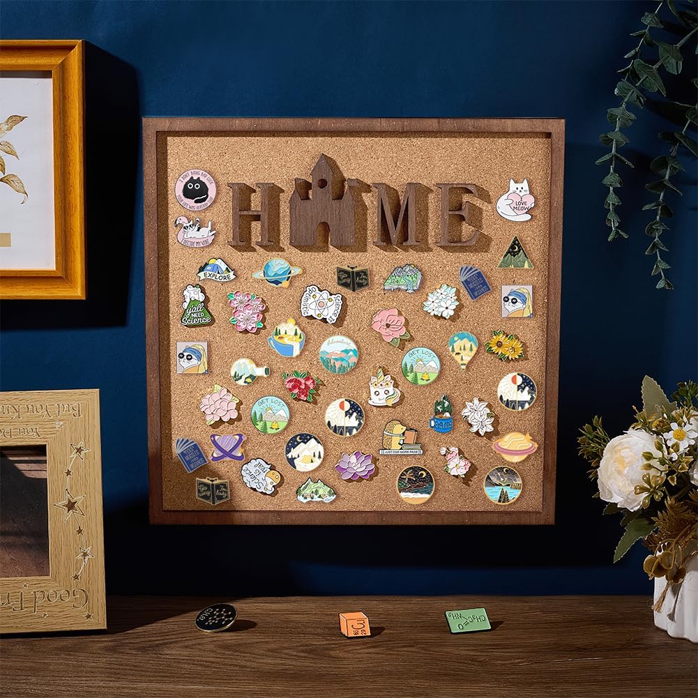Square Home Word Pin Board Cork Board 11.8x11.8inch Bulletin Display Board Wall Mounted Cork Board with Saddle Brown Frame for Brooch Pin Storage Display Office Home Decor