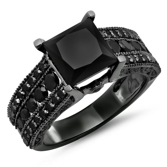 5.00 Carat (ctw) Black Rhodium Plated 10K White Gold Princess & Round Black Diamond Engagement Ring 5 CT
