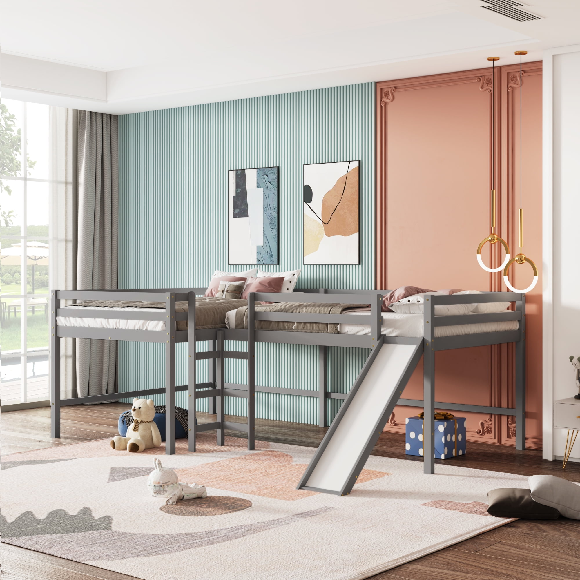 CLEARANCE! Full Size LShaped Loft Bed with Builtin Ladders and Slide