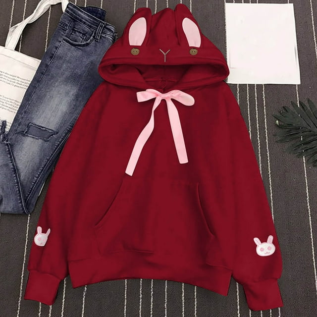 Puntoco Moda Mujer Casual Encantador Color Sólido Camiseta de Manga Larga Blusa Con Capucha de Conejo Tops Liquidación Puntoco Puntoco-4591