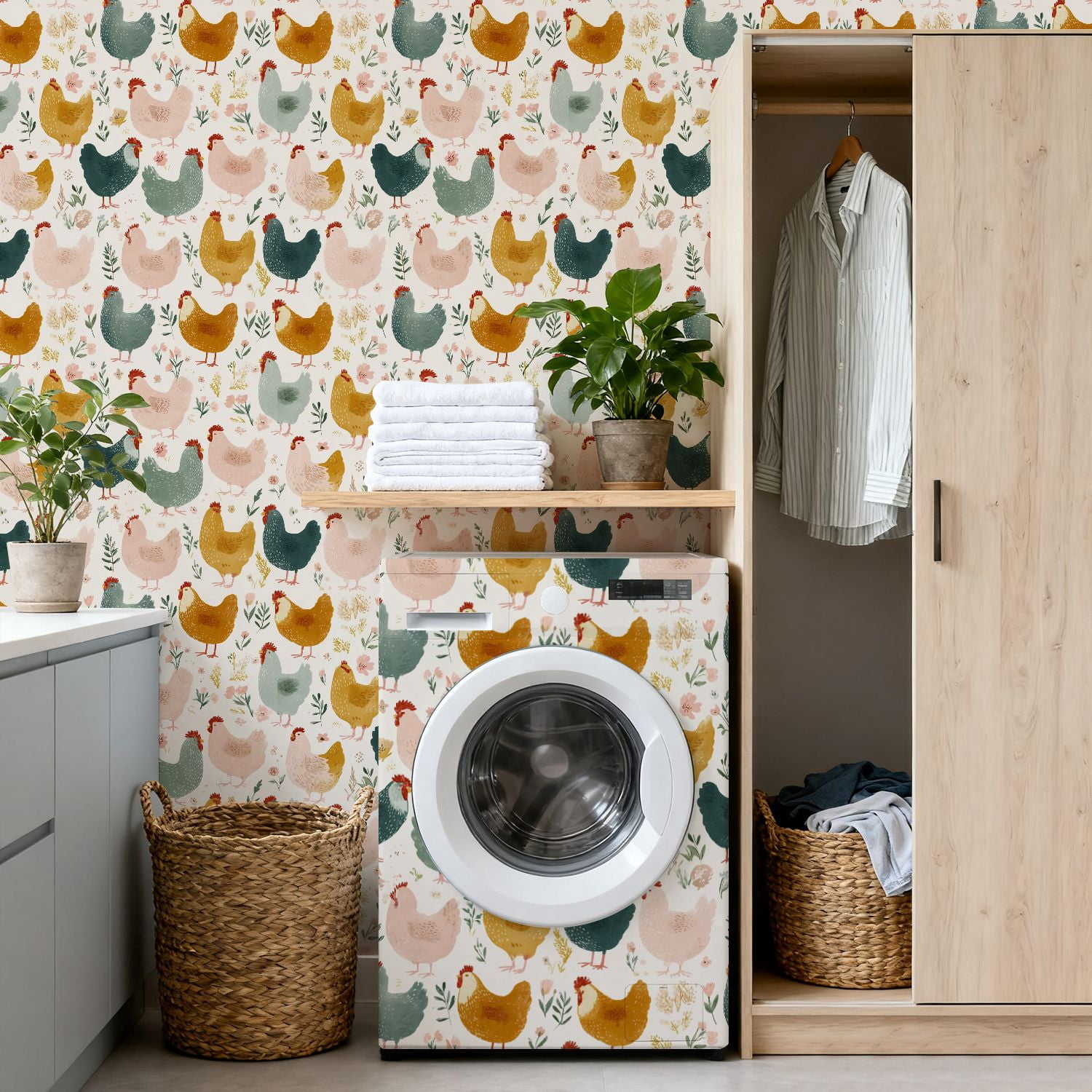 Chicken Peel and Stick Wallpaper Whimsical Hand Drawn Chicken Floral Accents Wall Mural 17.7in x 9.8ft Self Adhesive Removable Wall Paper Renter Friendly Wallpaper for Nursery Bedroom Cabinets