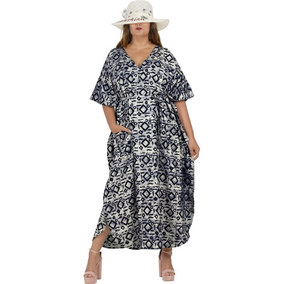 LA LEELA Women's Summer Batik Caftan Long Loungewear Dashiki House Dress with Pockets Sleepwear for Women Nightgown 1X-2X Denim, Ethnic