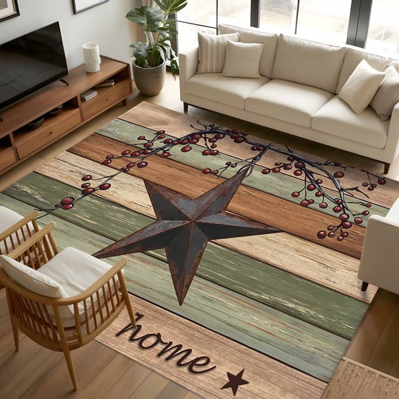 Sage Green Brown Texas Star 8x10 Area Rugs, Retro Country Star Farmhouse Wooden Non-Skid Rubber Backing Large Rectangle Rugs - Living Room Bedroom Home Office, Indoor Floor Mat Carpets Washable Rug