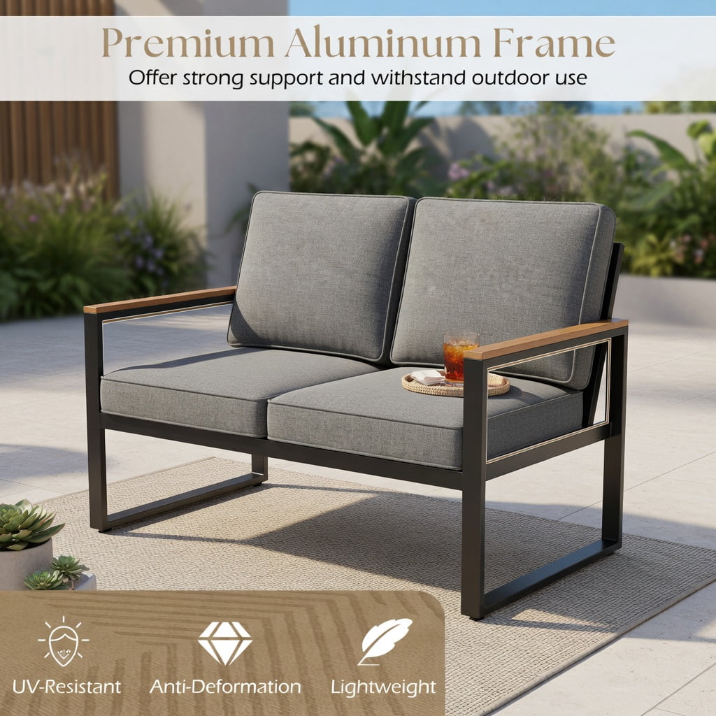 Hommoo 2-Piece Aluminum Patio Furniture Set, Cushioned Loveseat & Coffee Table with Wood-Plastic Armrests and Tabletop, Rust-Resistant Outdoor Seating for Backyard, Porch, Poolside, Gray