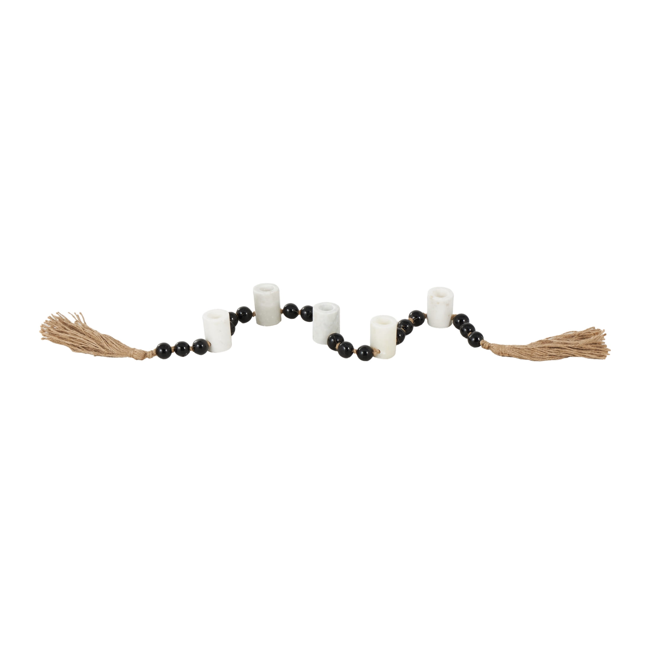 DecMode 5 Candle White Marble Round Garland Candle Holder with Brown Tassel and Black Beads