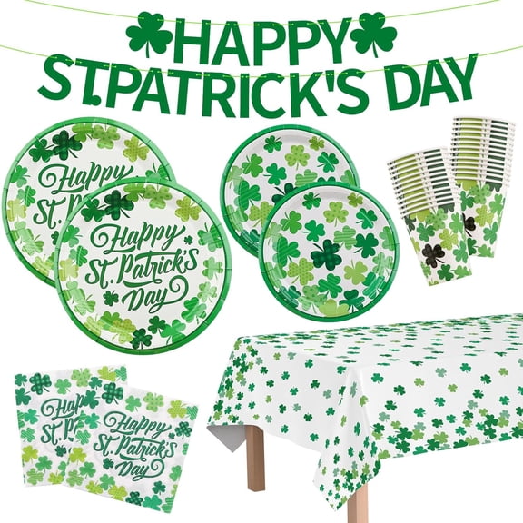 St. Patrick's Day Party Supplies Set for 24, St Patricks Shamrocks Party Home Decorations, Garland Disposable Paper Plates Napkins Cups Tablecloth