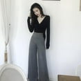 thumbnail image 3 of Women's Deep V Neck Knot Front Long Sleeve Wrap Crop Top Tee T-Shirt, 3 of 4