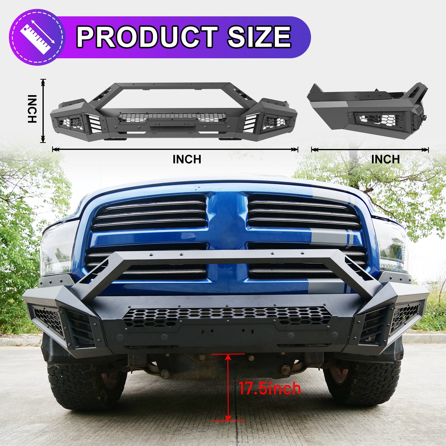 Front Bumper for 2013-2018 Dodge RAM 1500 Pickup Truck(w/o Rebel)2019-2024 Ram 1500 Classic(w/o Warlock),Paintable Bumper w/Bull Bar,LED Pod Light & Light Bar Bracket