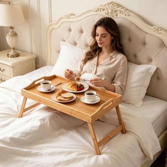 Foldable Bedside Breakfast Tray, Wooden Laptop Desk with Folding Legs & Handle, Portable Snack Table for Bed Couch Sofa, Lightweight Lap Desk for Eating Working Watching TV