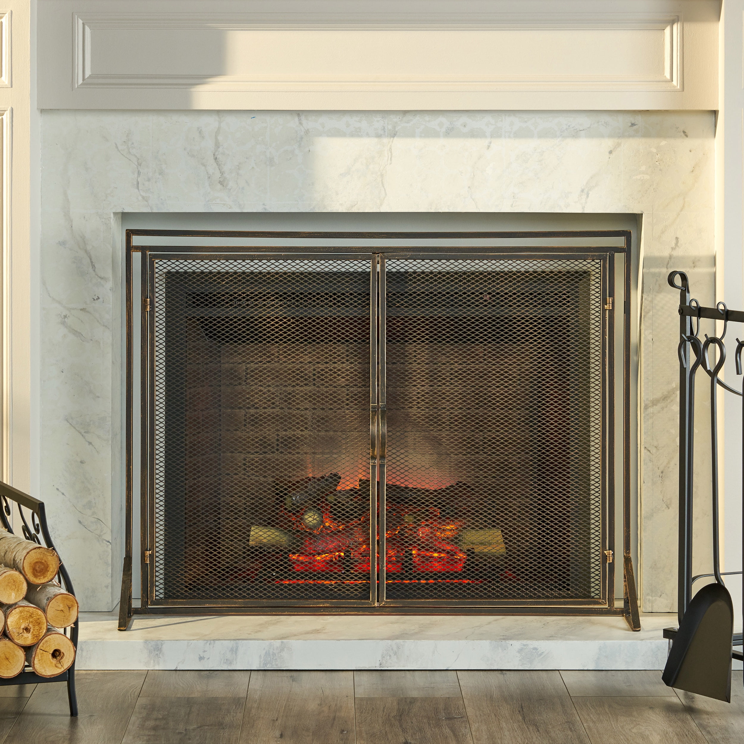 Noble House Cartwright Metal 2 Door Fireplace Screen, Black Brushed Gold