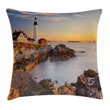 East Coast Lighthouses - United States Throw Pillow Cushion Cover, Cape Elizabeth Maine River Portland Lighthouse Sunrise USA Coast Scenery, Decorative Square Accent Pillow Case, 16 X 16 Inches, Light Blue Tan, by Ambesonne
