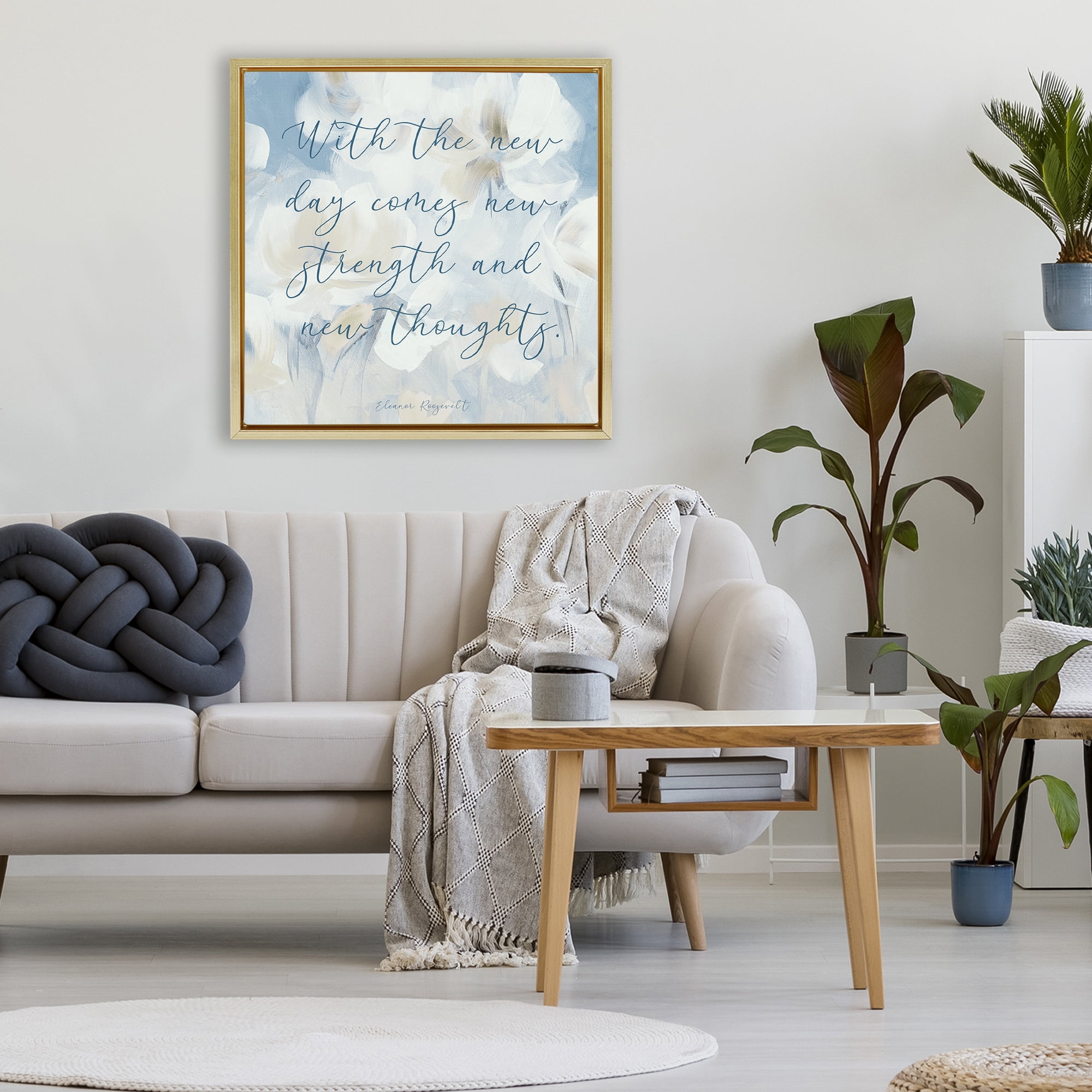 Stupell Industries Strength & New Thoughts Quote Gold Framed Floater Canvas Wall Art, design by Lanie Loreth