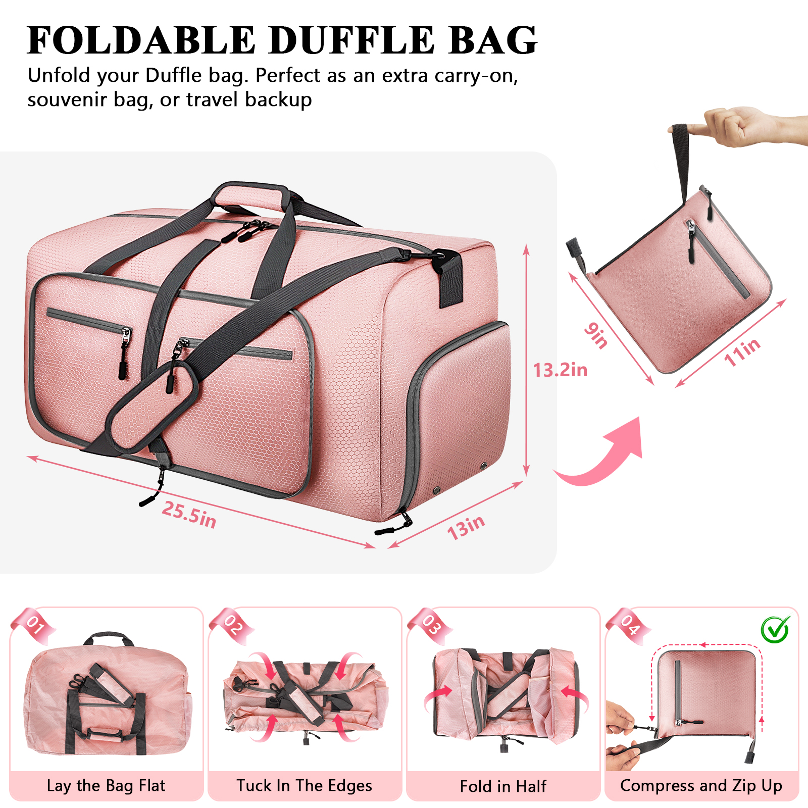 Cshidworld 65L Foldable Duffel Bag Pink Waterproof photo 3