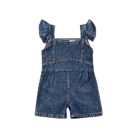 

Canrulo Toddler Baby Girls Summer Denim Romper Square Neck Fly Sleeve Jumpsuit Shorts Casual Outfits Blue 1-2 Years