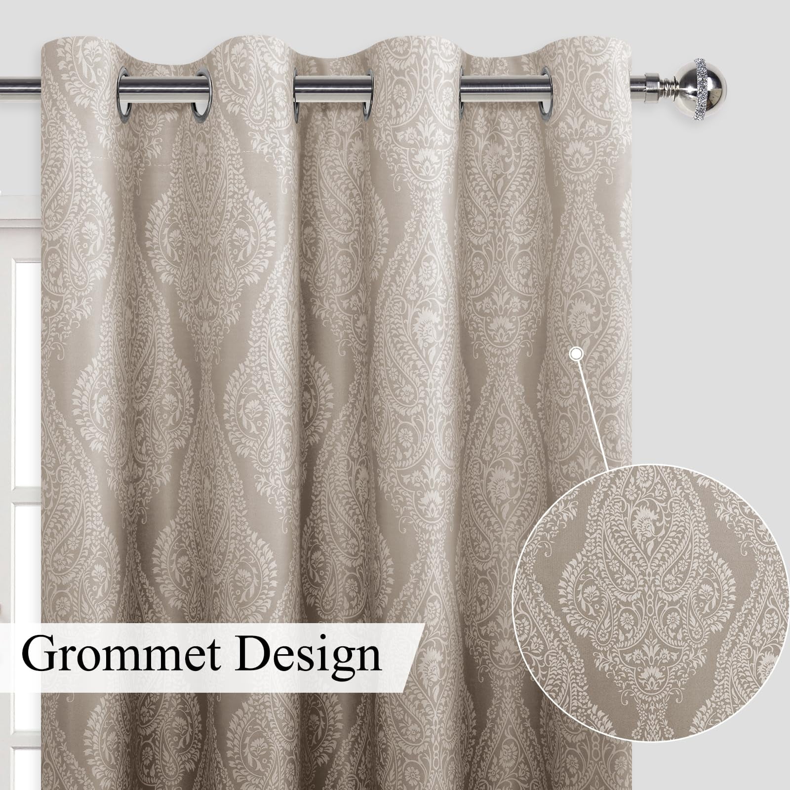 DWCN Ombre Blackout Curtains–Damask Patterned Thermal Insulated Noise Reducing Grommet Curtains for Bedroom Living Room, 52 x 63 Inches, Set of 2 Panels with Tiebacks, Brown