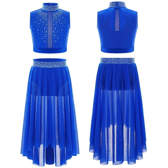 Girls Praise Modern Lyrical Dance Outfit Ballet Figure Skating Sleeveless Rhinestones Crop Top With Mesh Skirt