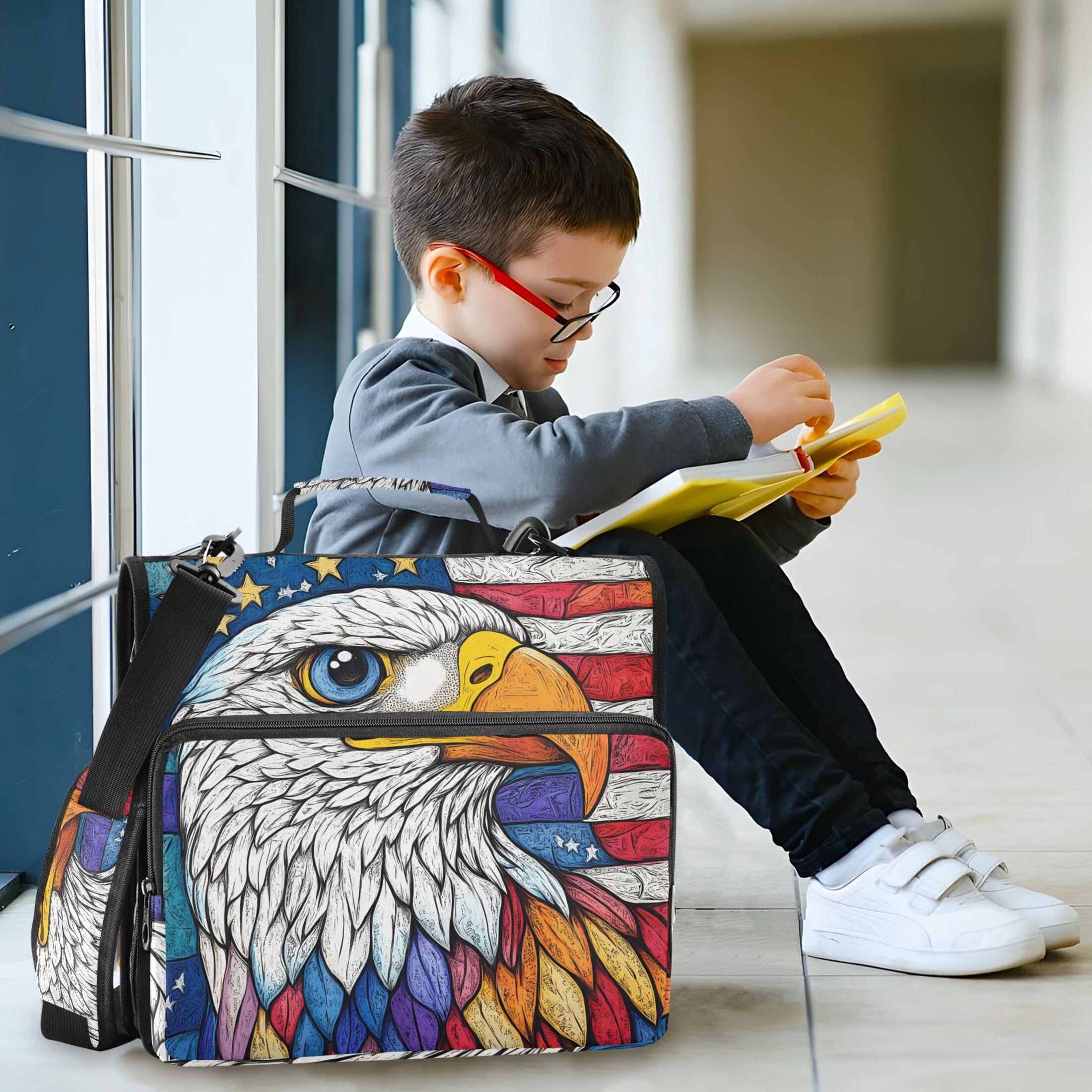 3 Ring Zipper Binder with Shoulder Strap Waterproof Trapper Keeper 2 Inch D-Ring 500 Sheets Capacity American Flag and Eagle