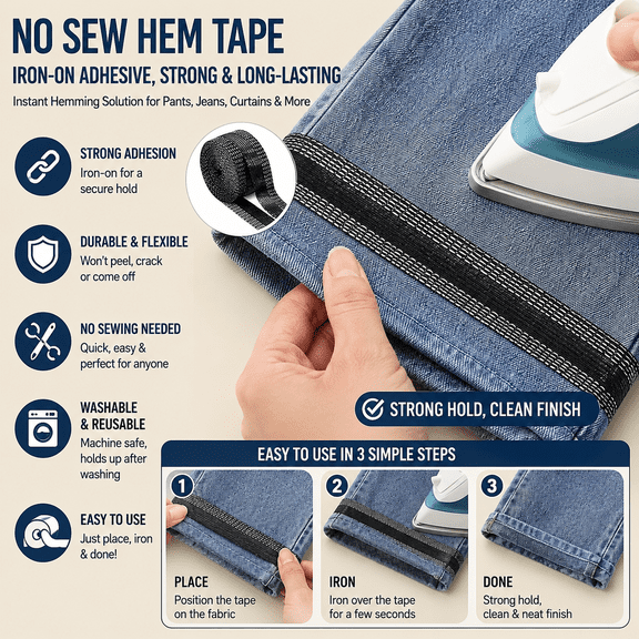 No Sew Hemming Tape, Iron‑On Pants Hem Tape, Fabric Hem Adhesive Tape for Jeans Trousers Skirts Clothes Alteration Repair, Quick Clothing Hemmer for DIY Clothing Modification