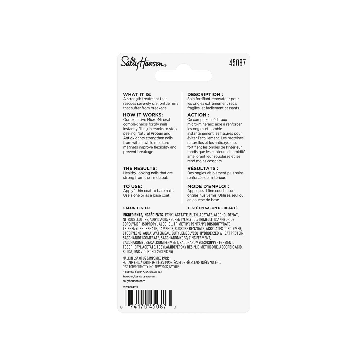 Sally Hansen Fortifiant Miracle Cure®, complexe micro-minéral aide à fortifier les ongles, remplit les stries pour arrêter la desquamation