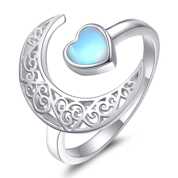 TANGPOET 925 Sterling Silver Heart Moon Ring for Women with Moonstone Accent