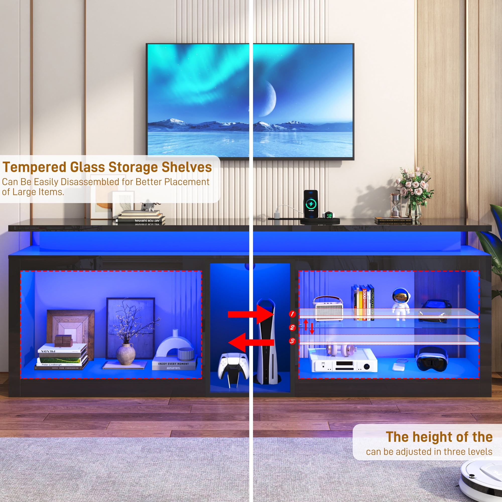 ChVans 80.7" Modern LED TV Stand for TVs up to 90" with LED Lights & Outlet, High Gloss Entertainment Center with Open Shelves Storage, Media Console TV Stands for Living Room, Game room, Bedroom