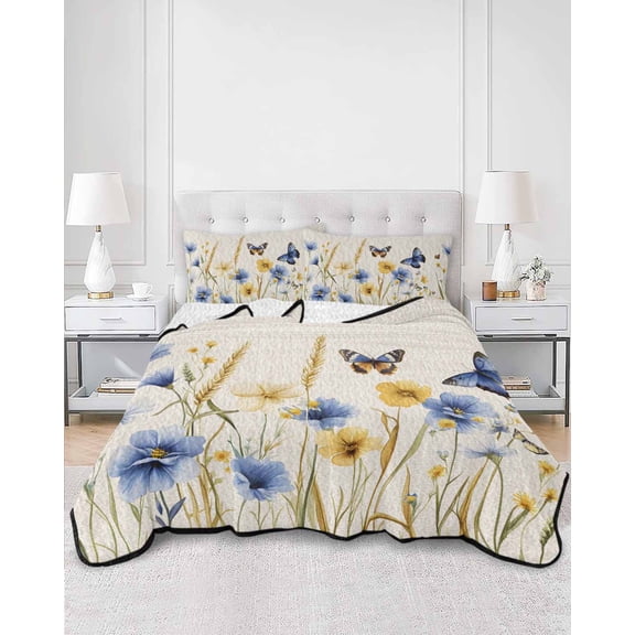 Quilts Full Size, Blue Floral Soft Comforter Bedding Set for Bed, Yellow Flower Butterflies Country Plant Lightweight Quilted Bedspread with Pillow Cover(2 Pieces) for All Season, 78x90 Inch