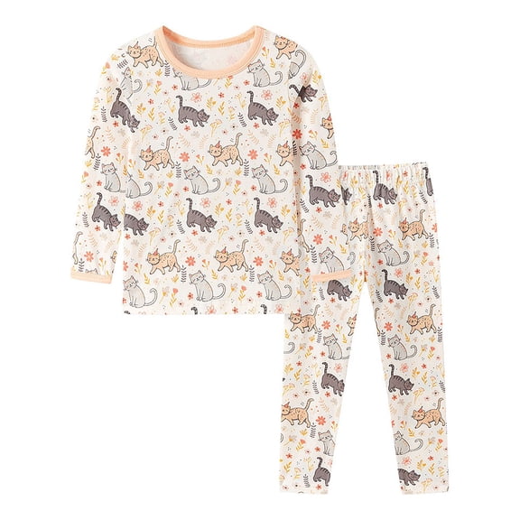WIBACKER 2-7 Years Toddler and Little Girls' Long Sleeve Pajamas Set Cotton Top and Pants 2 Piece Sleepwear Pjs - Cat