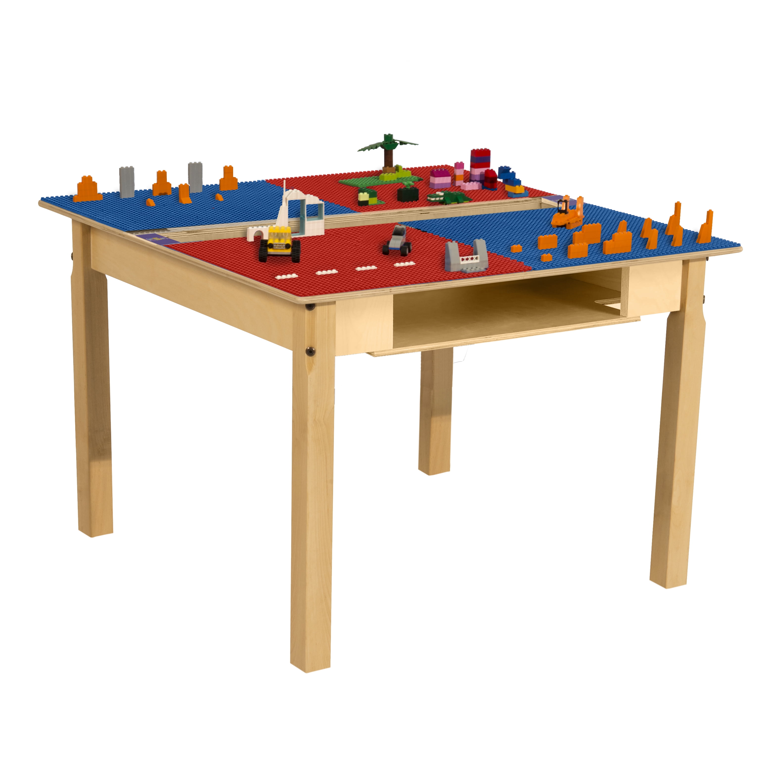 Time-2-Play Montessori Hardwood 35" Red N Blue Lego Compatible Table Blocks For Kids Play Activities