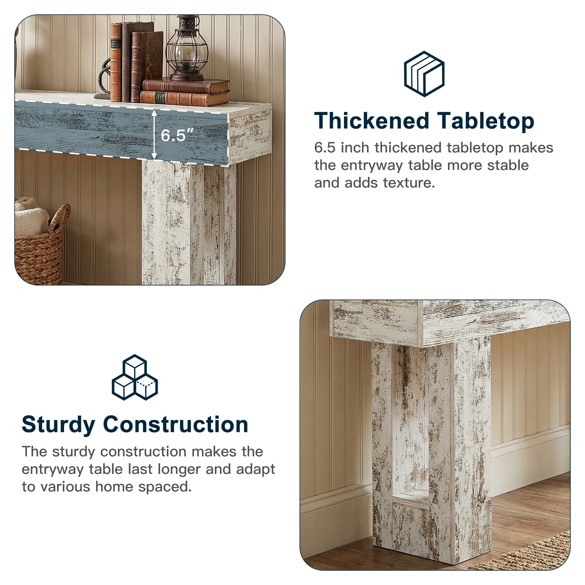 Demi Bonn 63" Console Table, Farmhouse Wooden Sofa Table Entryway Table for Hallway, Entrance, Living Room, Bedroom, Gray + White