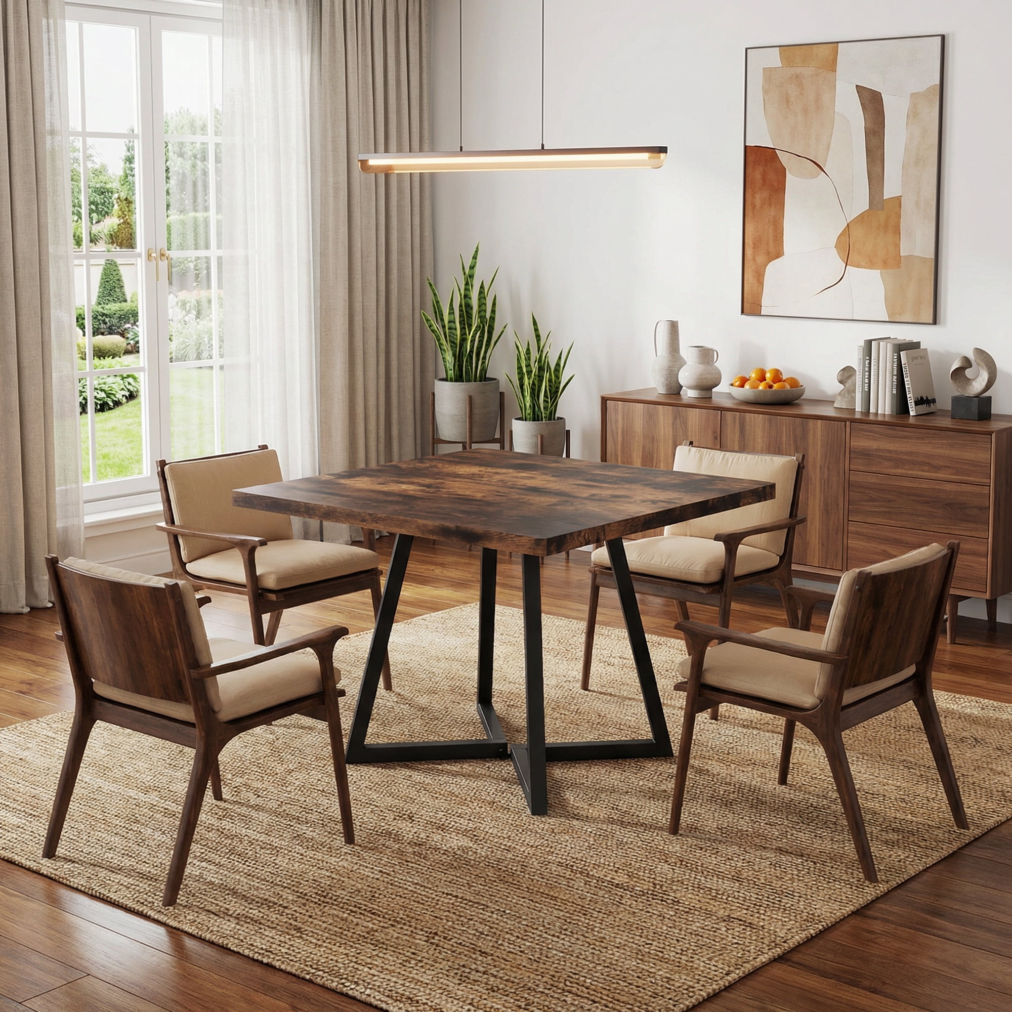 31.5 Inch Square Dining Table, Industrial Style Small Kitchen Table With Sturdy Black Metal Base, Space-Saving Dinner Table For 2-4 People, Brown Finish For Rustic Home Decor