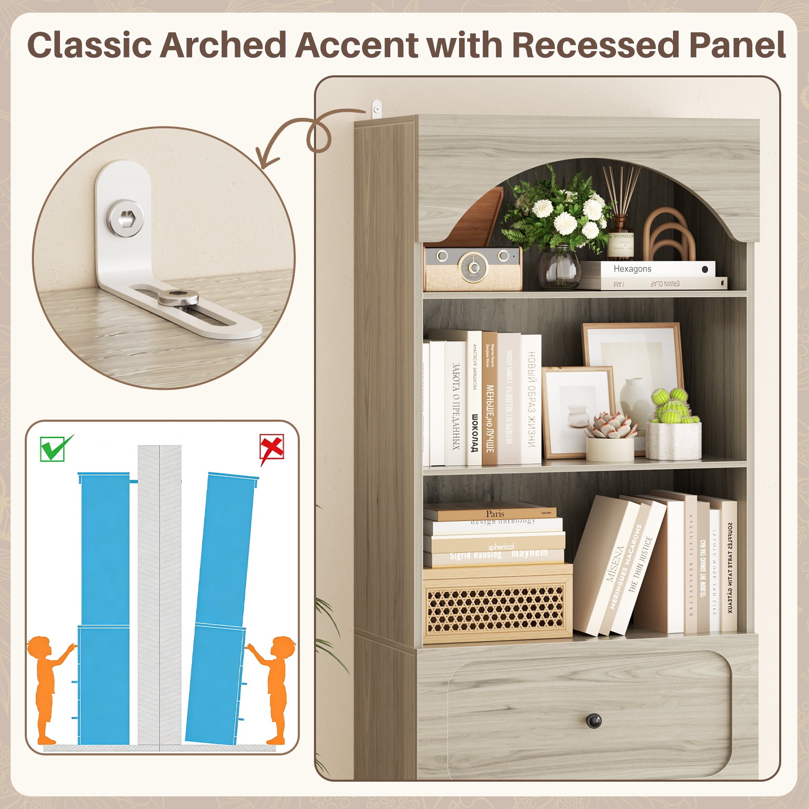 Homieasy 80" Tall Arched Bookcase with 3 Drawers & 3 Open Shelves - Wooden Storage Cabinet for Living Room, Kitchen, Office,White Oak