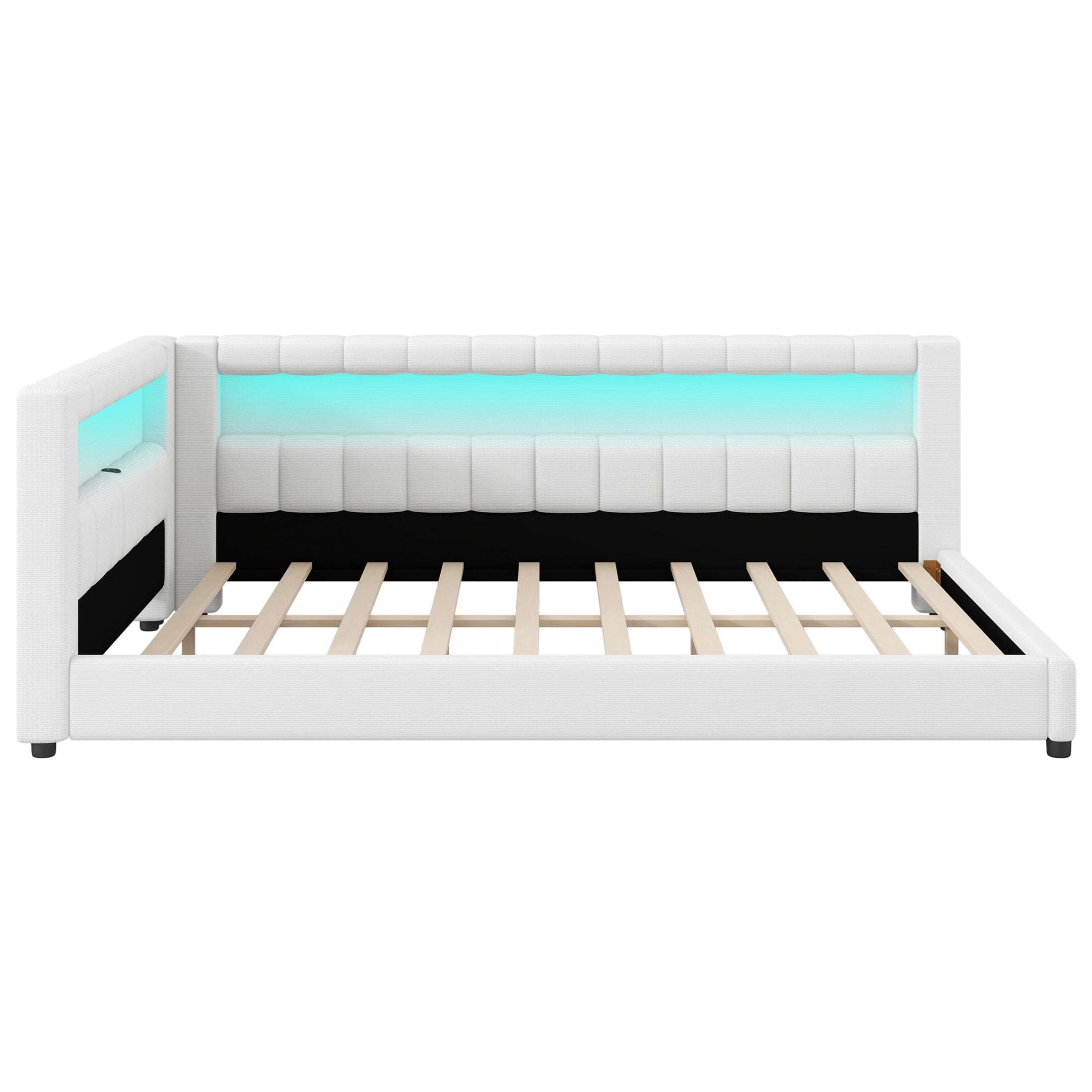 Noble House Dexter Full XL Linen Upholstered Platform Bed with LED Light Belt and USB Ports, Wood Frame, Cream White