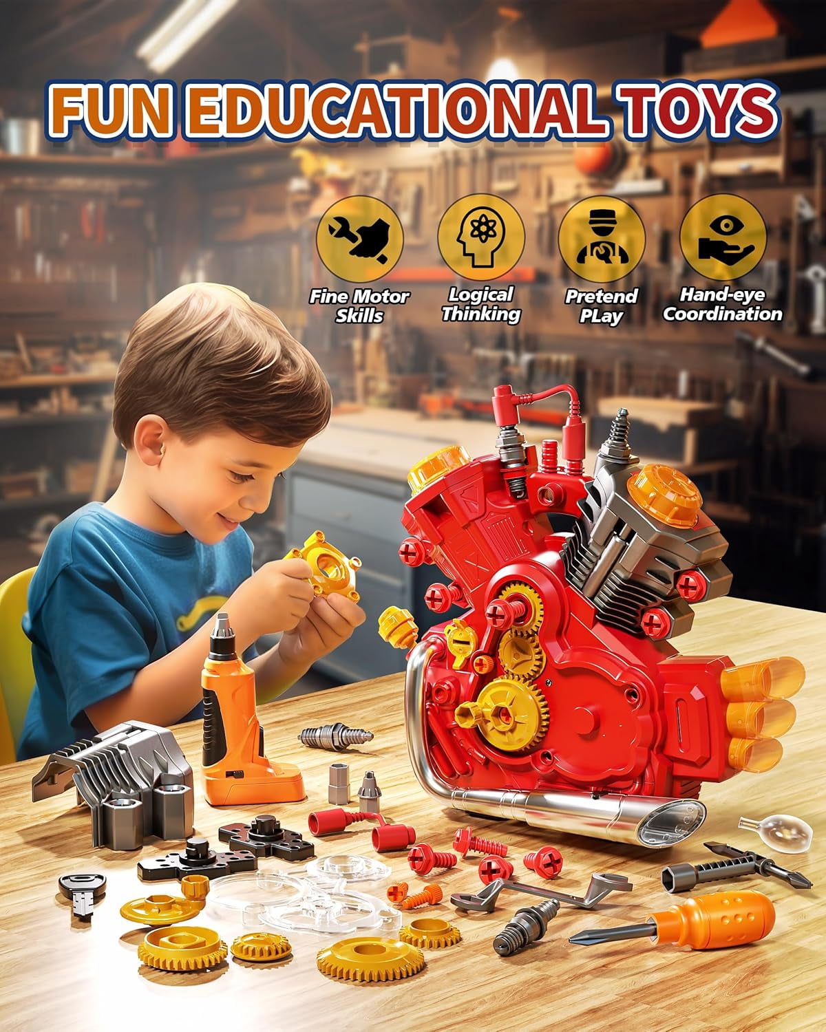 Engine Building Kit, Kids Mechanic Toys for Motorcycle Engine Toy, STEM Engine Model Kit Toy with Cool Light and Music, Educational Science Building for Boys Age 3+Year Old Mechanic Tools
