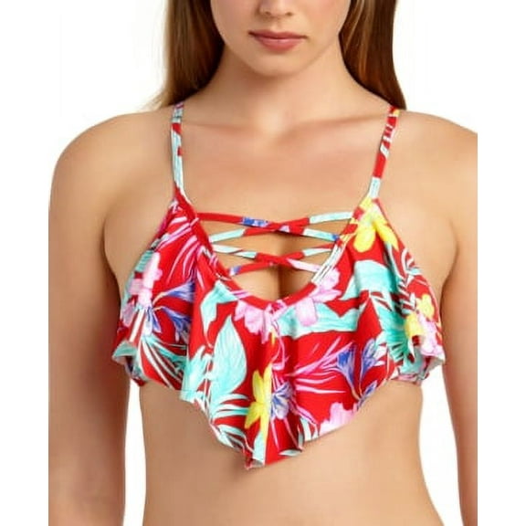 California Waves RED TROPICAL Juniors Tropic Flounce Bikini Swim Top, US X-Small
