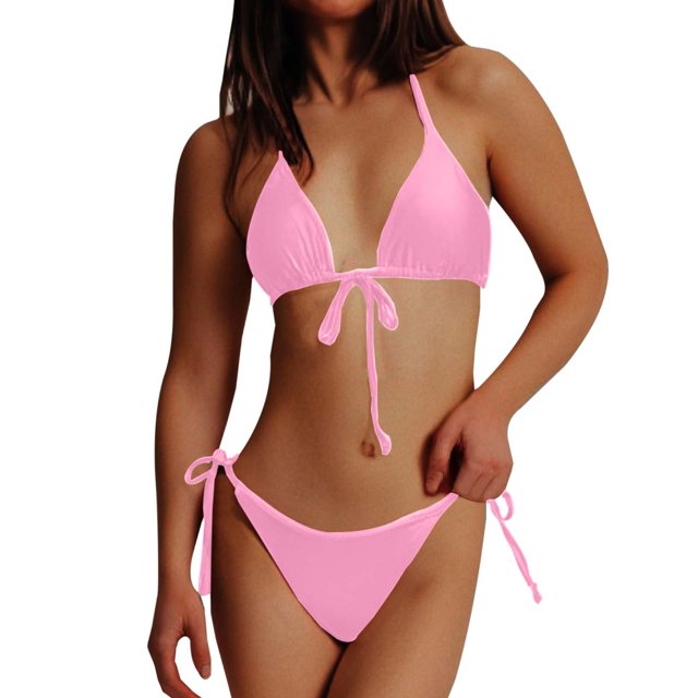 2 Piece Swimsuit for Women Separates Bikini Set High Waisted Stylish Solid Color Pink Womens Bathing Suits M