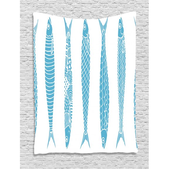 Marine Tapestry, Ornamental Sardine Fish Nautical Swimming Ocean Animals Pattern Monochrome Art, Wall Hanging for Bedroom Living Room Dorm Decor, 40W X 60L Inches, Sky Blue White, by Ambesonne