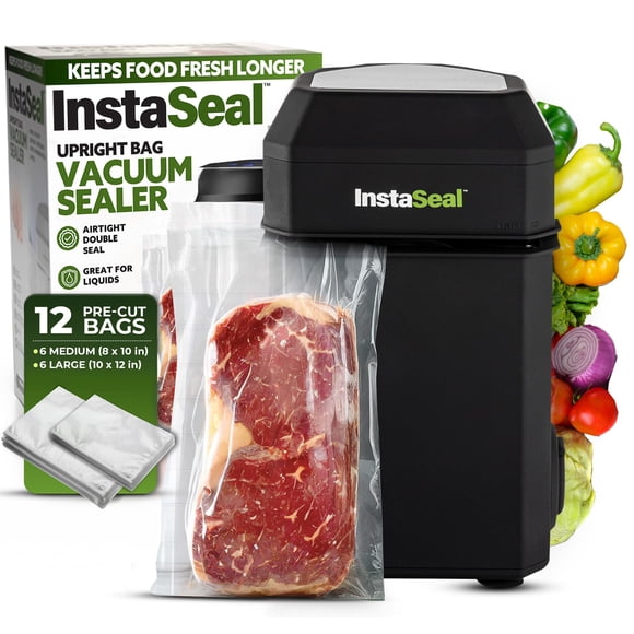 InstaSeal Vacuum Sealer for Food with 12 Bags, Preserves Foods 5x Longer, Space Saving Compact Upright Design Allows Machine to Heat Seal Marinades,