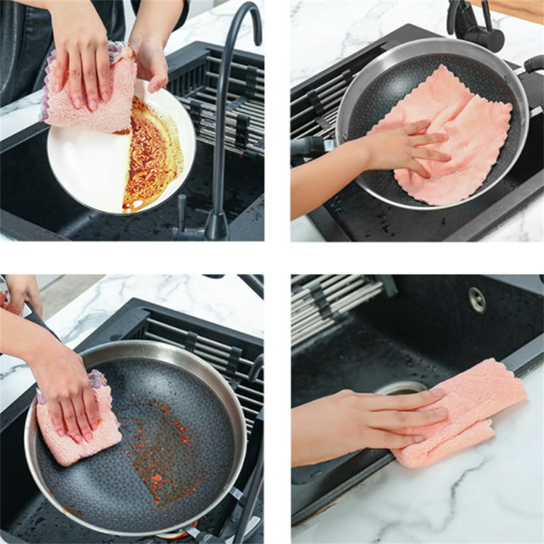 3Pcs/5Pcs/10Pcs Dish Cloths Kitchen Coral Velvet Dish Towel Rag Non-stick  Oil Double-layer Printing Cloth Double-sided Absorbent Thickening Scouring  Pad