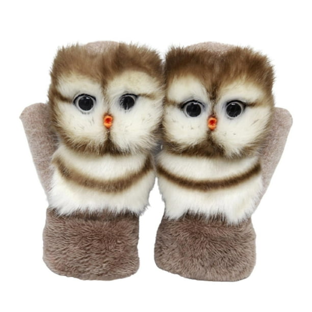 Guantes de invierno para mujer con calentadores de algodón animal novedosos guantes mitones gruesos Búho de café