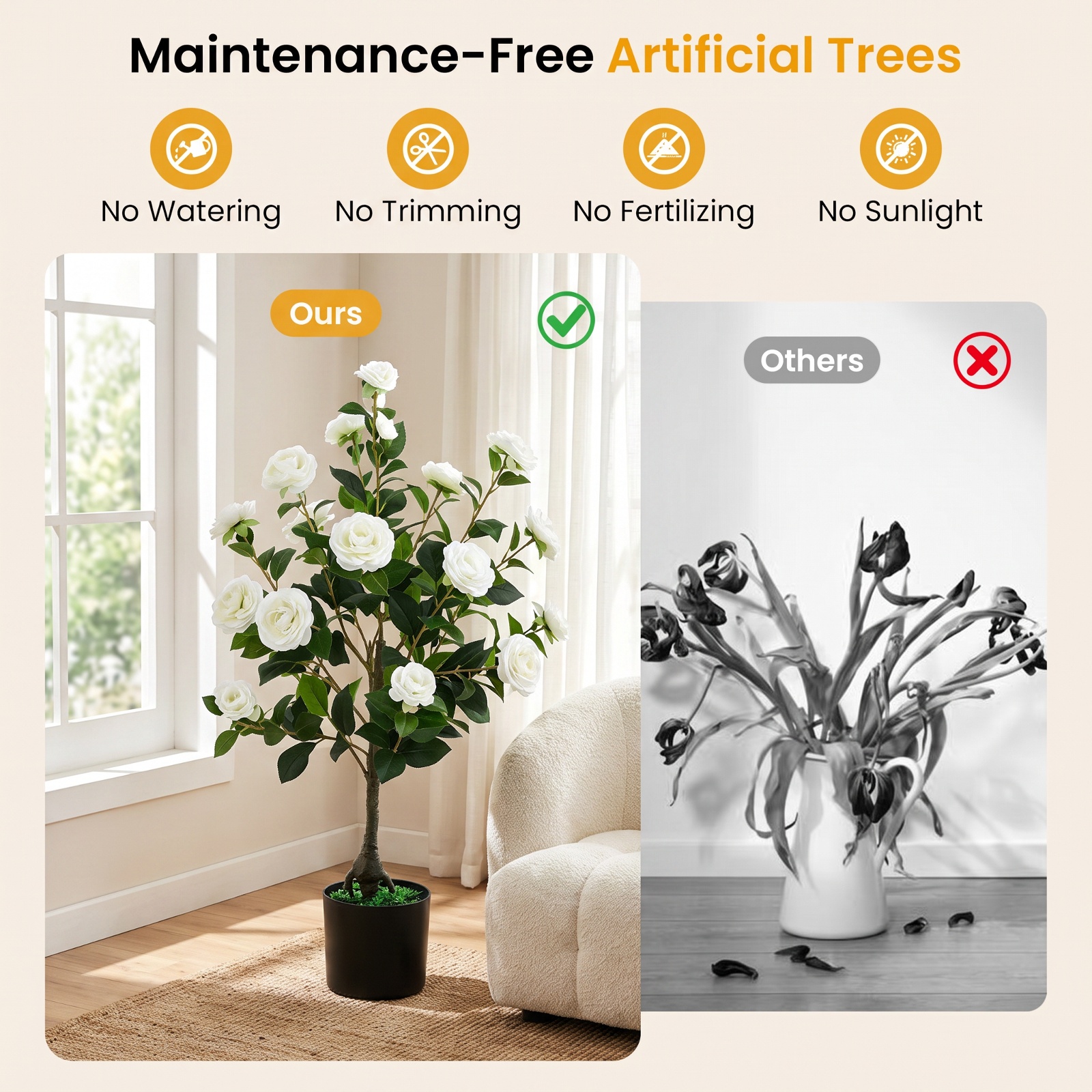 Vebreda Artificial Plant Decor, 2-Pack Artificial Camellia Tree Faux Flower Plant in Cement-Filled Pot, Lifelike & Elegant Design