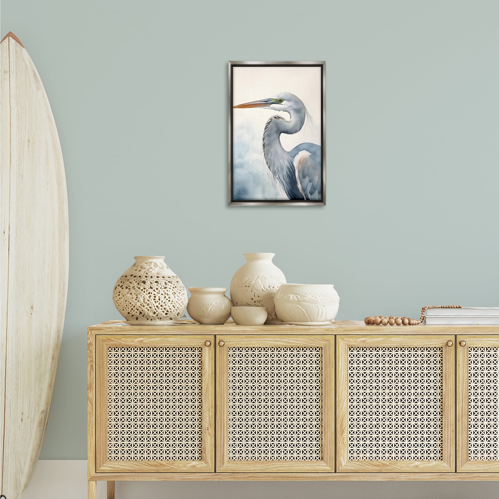 Stupell Industries Quiet Heron Looking Left Animals & Insects Painting Gray Floater Framed Canvas Art Print Wall Art, 17 x 25