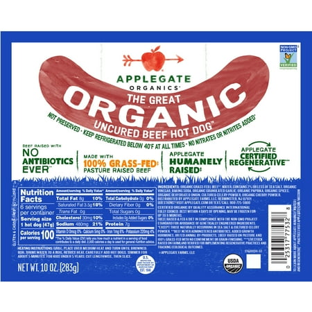 Applegate Organics The Great Organic Uncured Beef Hot Dog , 10oz 6 Count