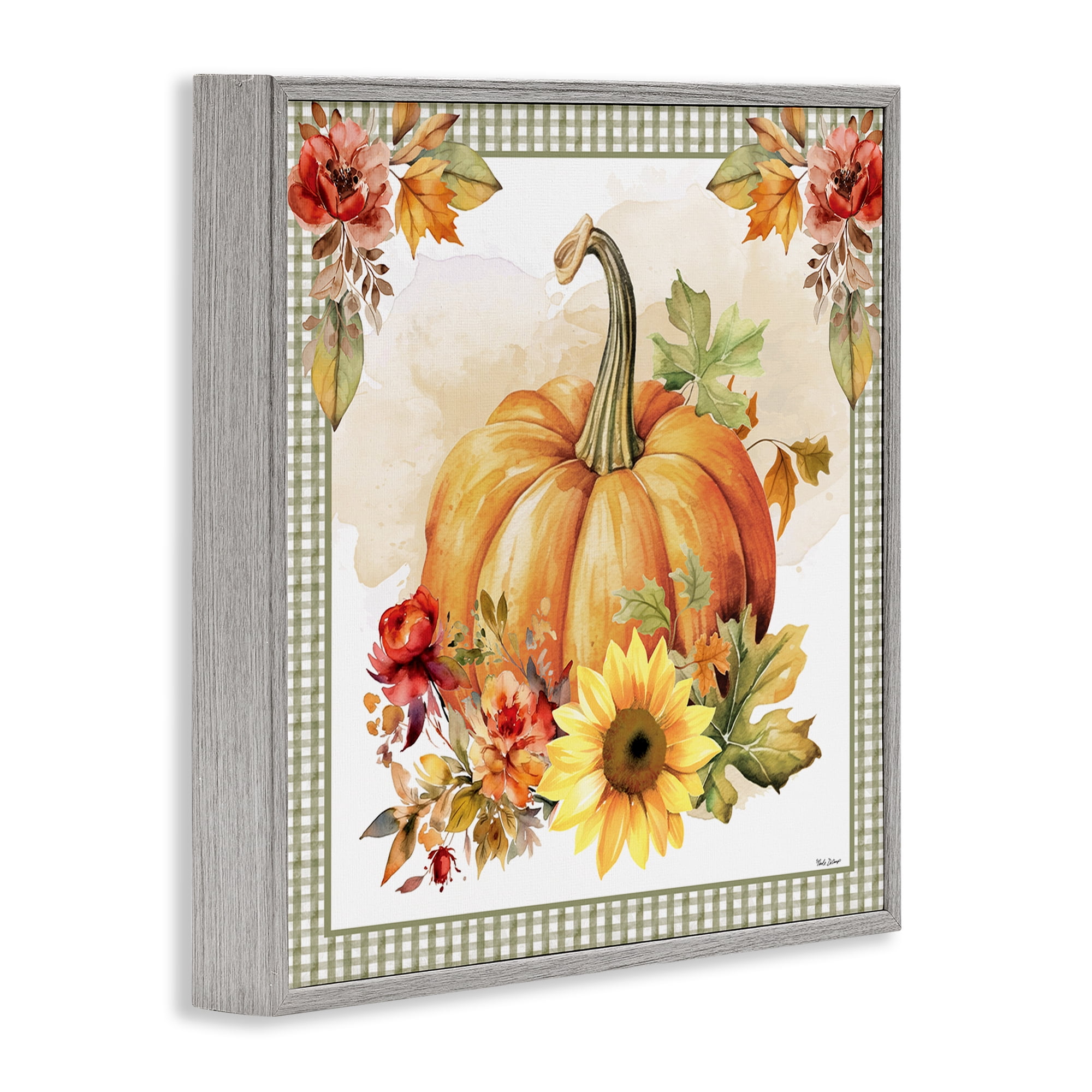 Stupell Industries Gingham Bordered Pumpkin Botanical & Floral Painting Gray Framed Art Prints Wall Art, 24 x 24