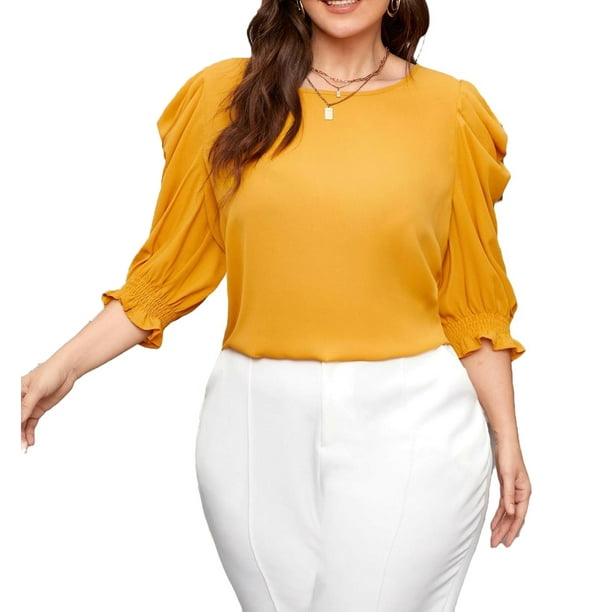Elegant Solid Round Neck Top 3/4 Sleeve Mustard Yellow Plus Size