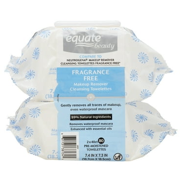 Equate Fragrance Free Makeup Remover Cleansing Towelette Wipes for Face Care by Removing Waterproof Mascara (80 Count), Compare to Neutrogena® Makeup Remover Cleansing Towelettes Fragrance Free