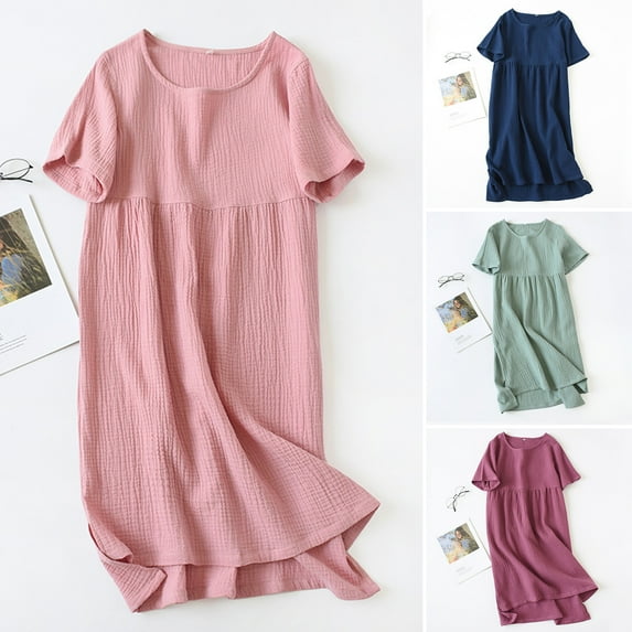 Women Pajamas Solid Color O Neck Loose Type Washed Style Lady Sleeping Dress Daily Clothes